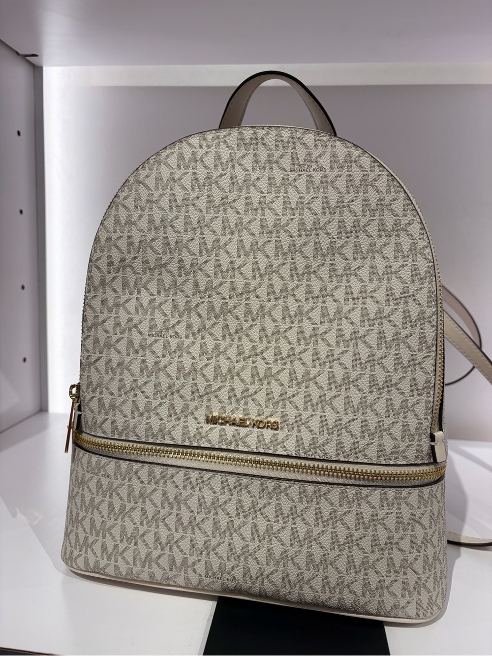 Michael Kors Denim Blue MK Monogram Rhea Backpack Medium cream new